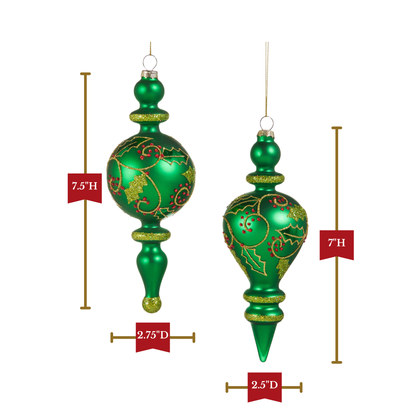 RAZ Imports 7.5" Green Holly and Berry Finial Glass Christmas Ornaments - Set of 2