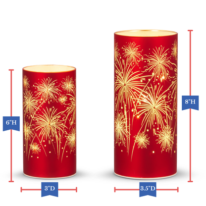 RAZ Imports 8" and 6" Patriotic Celebration Firework Hurricanes, Red Glass LED Lighted Lanterns for Fourth of July - Set of 2