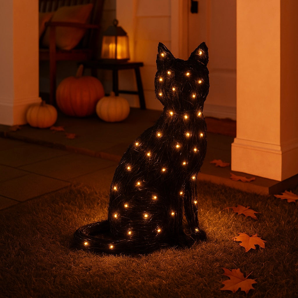 RAZ Imports 33" Rattan Light-Up Warm White LED Back Cat Halloween Decoration, Indoor or Outdoor Use