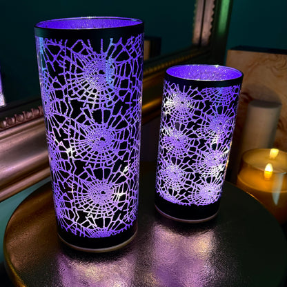 RAZ Imports 8" and 6" Halloween Celebration Crackled Spider Webs Hurricanes, Glass LED Lighted Lanterns for Halloween - Set of 2