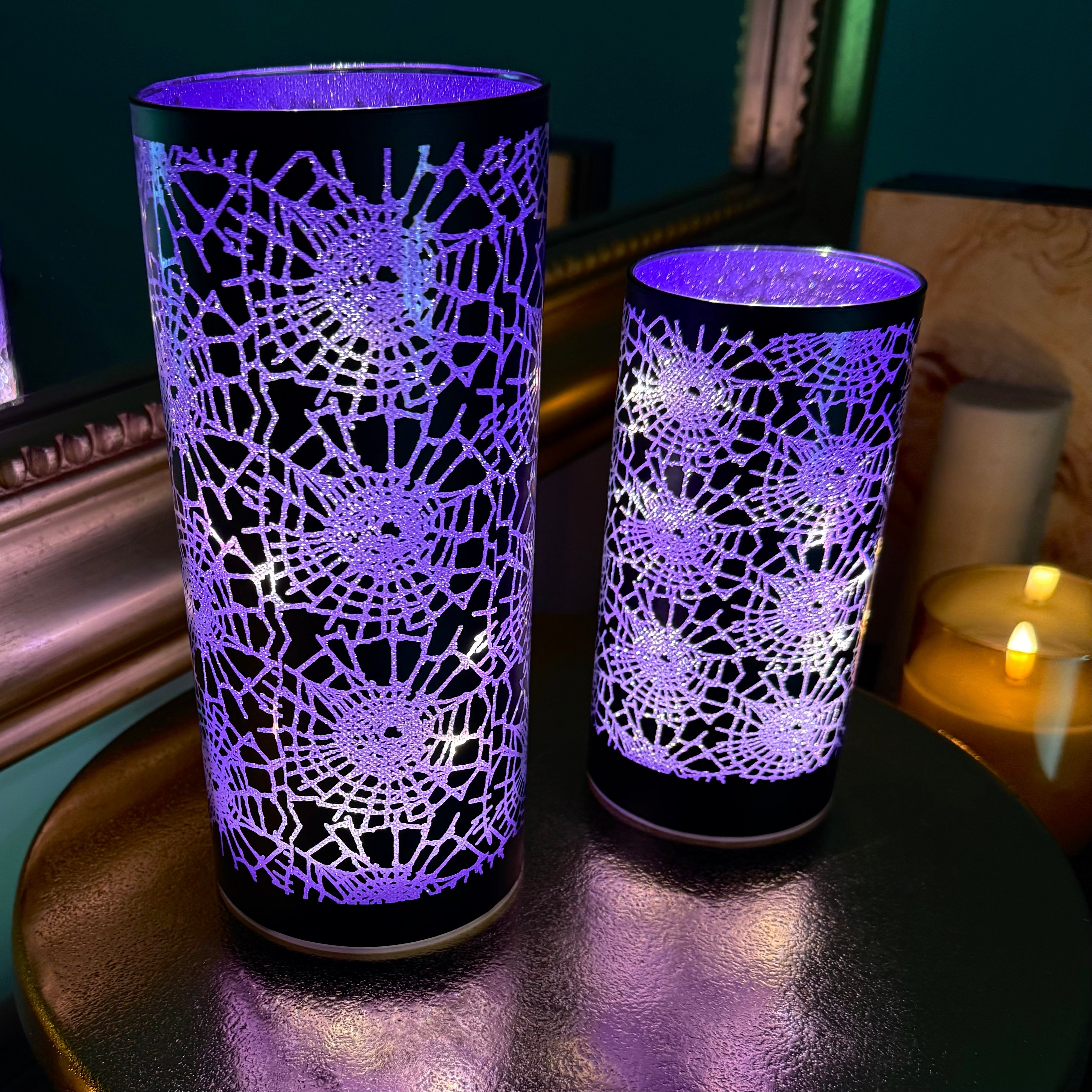RAZ Imports 8" and 6" Halloween Celebration Crackled Spider Webs Hurricanes, Glass LED Lighted Lanterns for Halloween - Set of 2