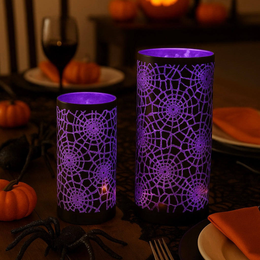 RAZ Imports 8" and 6" Crackled Spider Cobbwebs Purple Glass LED Lighted Hurricane Lanterns for Halloween, Battery Powered with Timers, Set of 2