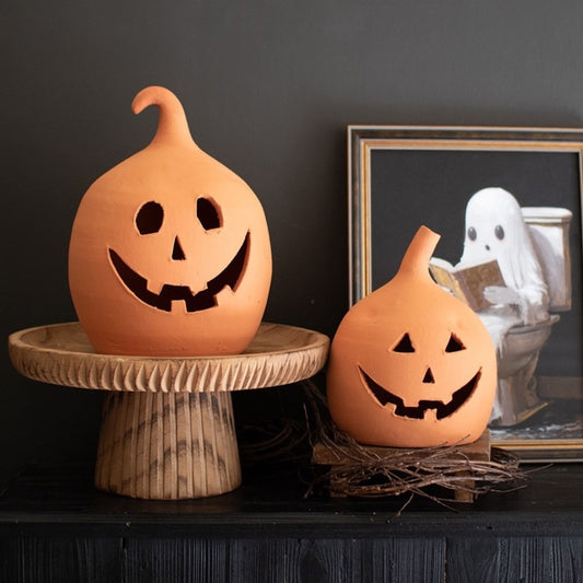 Kalalou Terracotta Halloween Jack-O-Lanterns Pumpkins, Orange - Set of 2