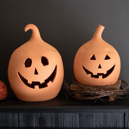 Kalalou Terracotta Halloween Jack-O-Lanterns Pumpkins, Orange - Set of 2