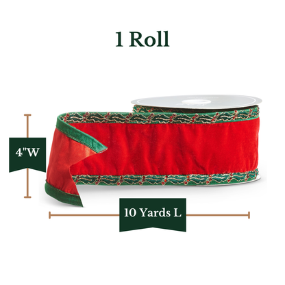 RAZ Imports Red Velvet Wired Christmas Ribbon with Jeweled Holly Trim, 4" X 10 Yards - 1 Roll