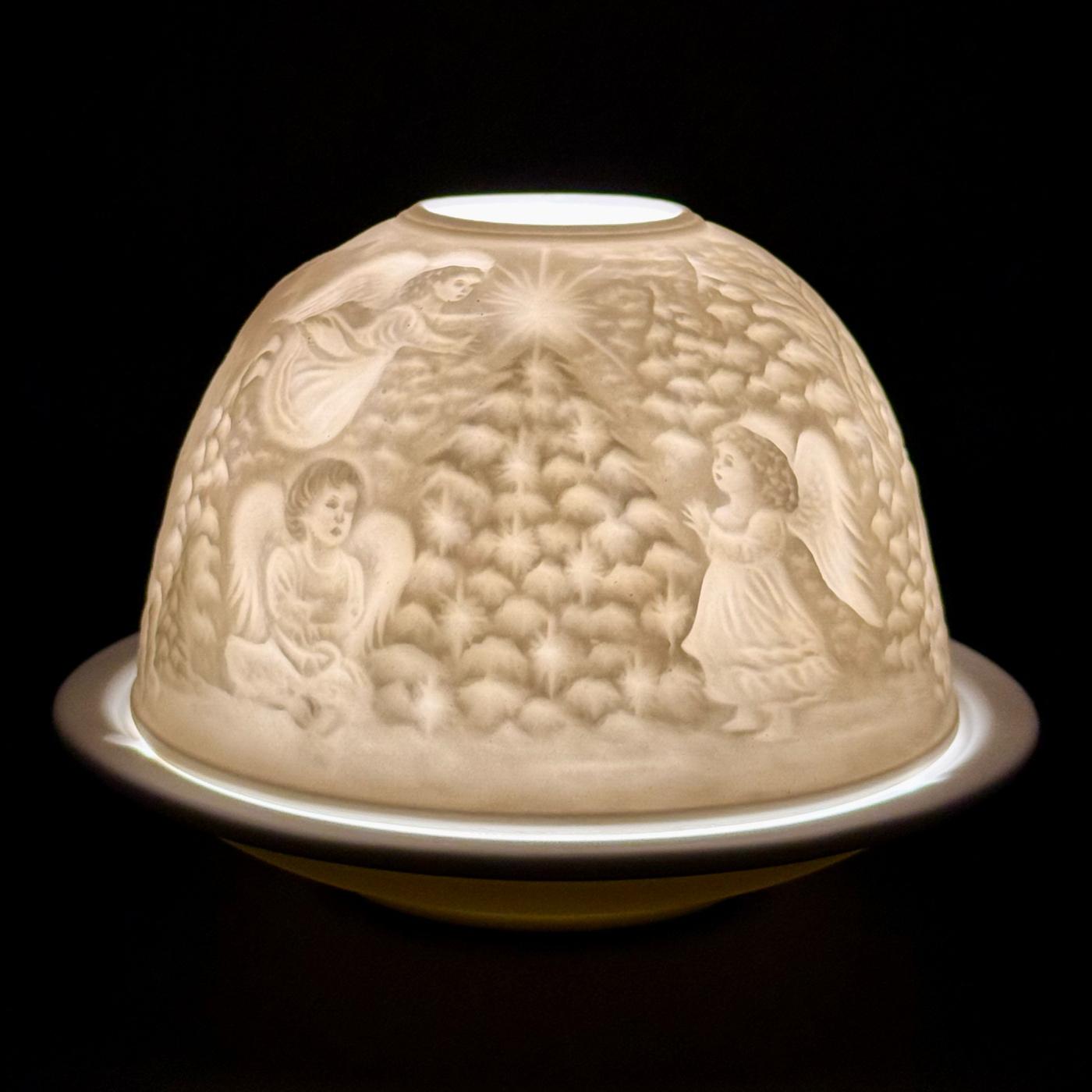Starlight Porcelain Votive Light Woodland Angels and Snowman Glowing Candle Holder Christmas Decoration