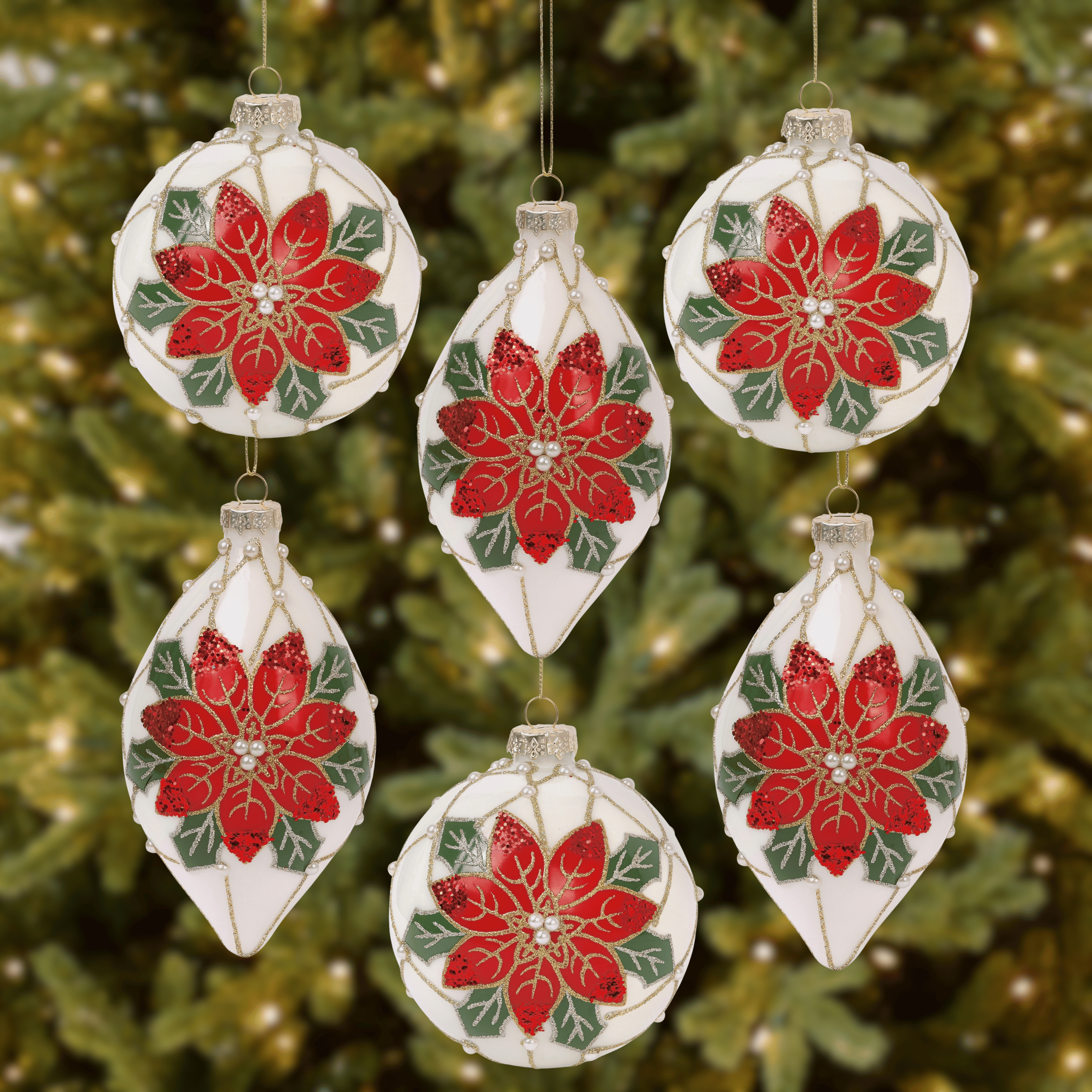 Pearl Poinsettia 4” Ball & 6” Finial Glass Christmas Ornaments by Tinsel Traditions - Set of 6