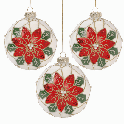 Pearl Poinsettia 4” Ball & 6” Finial Glass Christmas Ornaments by Tinsel Traditions - Set of 6