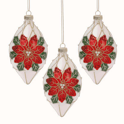 Pearl Poinsettia 4” Ball & 6” Finial Glass Christmas Ornaments by Tinsel Traditions - Set of 6