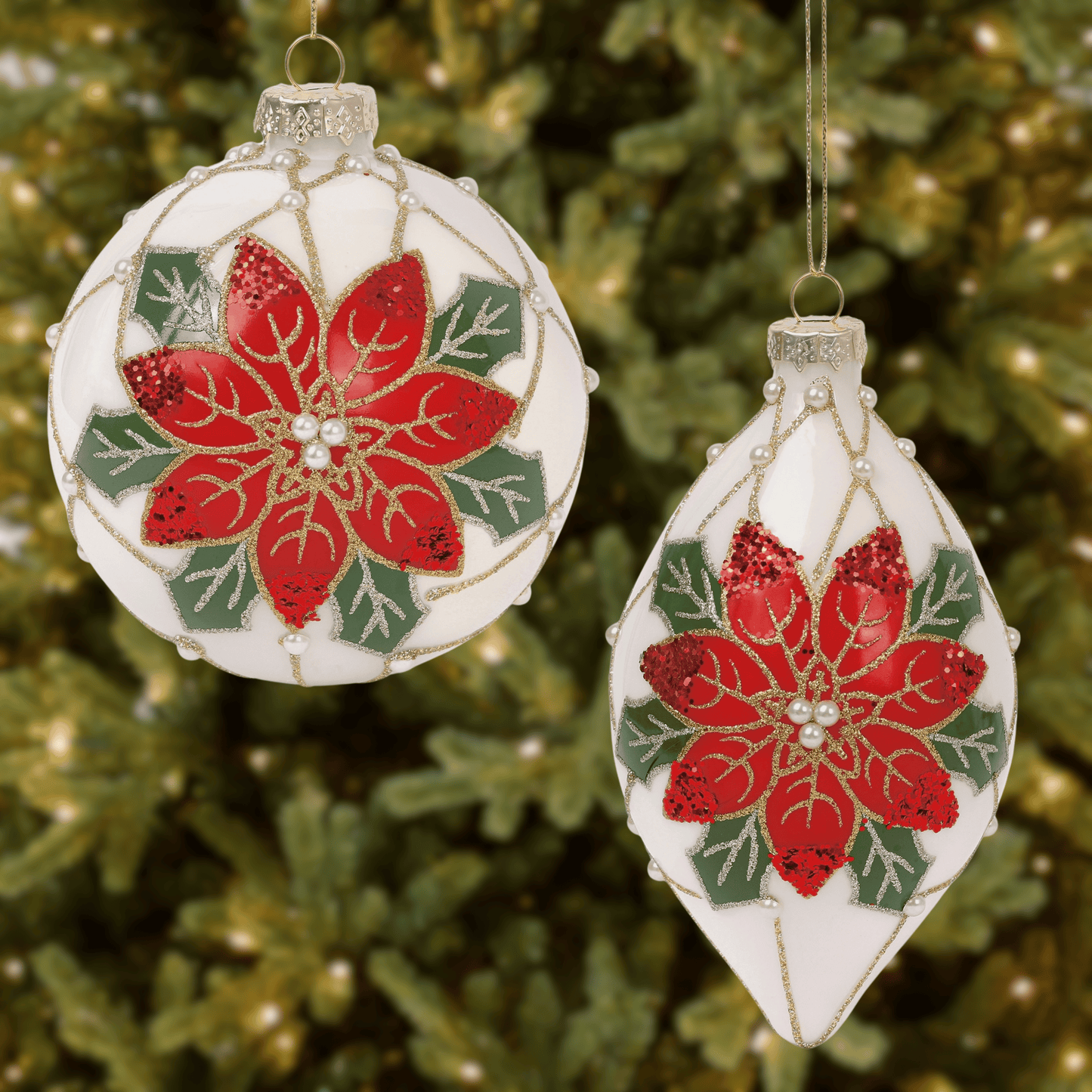 Pearl Poinsettia 4” Ball & 6” Finial Glass Christmas Ornaments by Tinsel Traditions - Set of 6