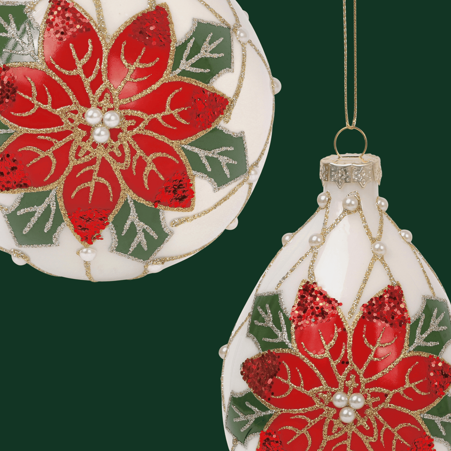 Pearl Poinsettia 4” Ball & 6” Finial Glass Christmas Ornaments by Tinsel Traditions - Set of 6