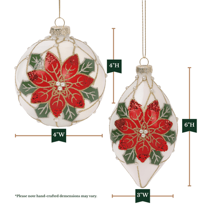 Pearl Poinsettia 4” Ball & 6” Finial Glass Christmas Ornaments by Tinsel Traditions - Set of 6