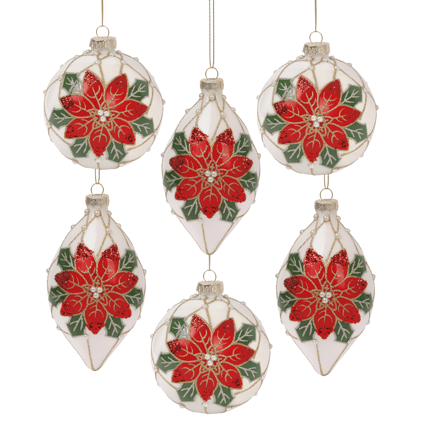 Pearl Poinsettia 4” Ball & 6” Finial Glass Christmas Ornaments by Tinsel Traditions - Set of 6