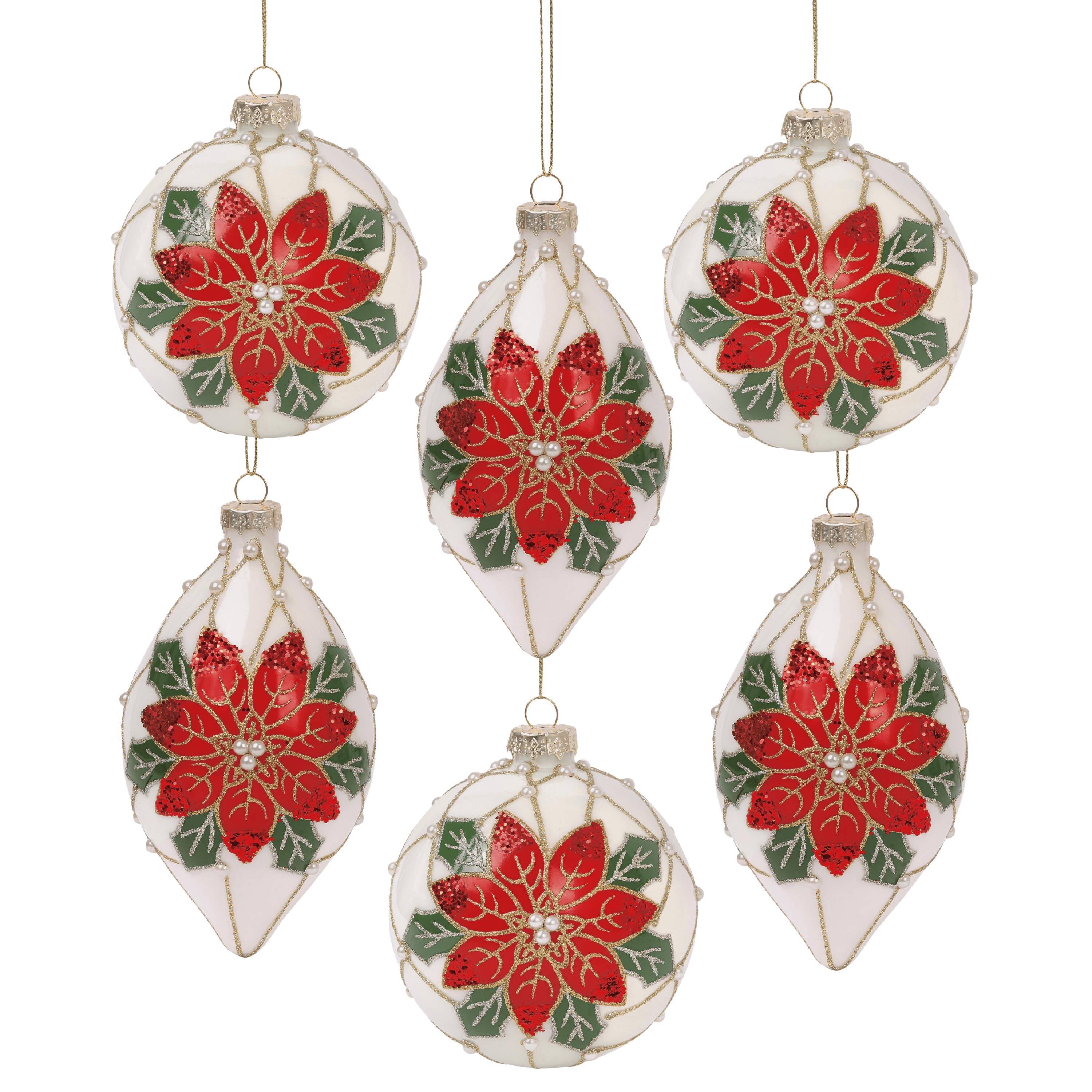 Pearl Poinsettia 4” Ball & 6” Finial Glass Christmas Ornaments by Tinsel Traditions - Set of 6