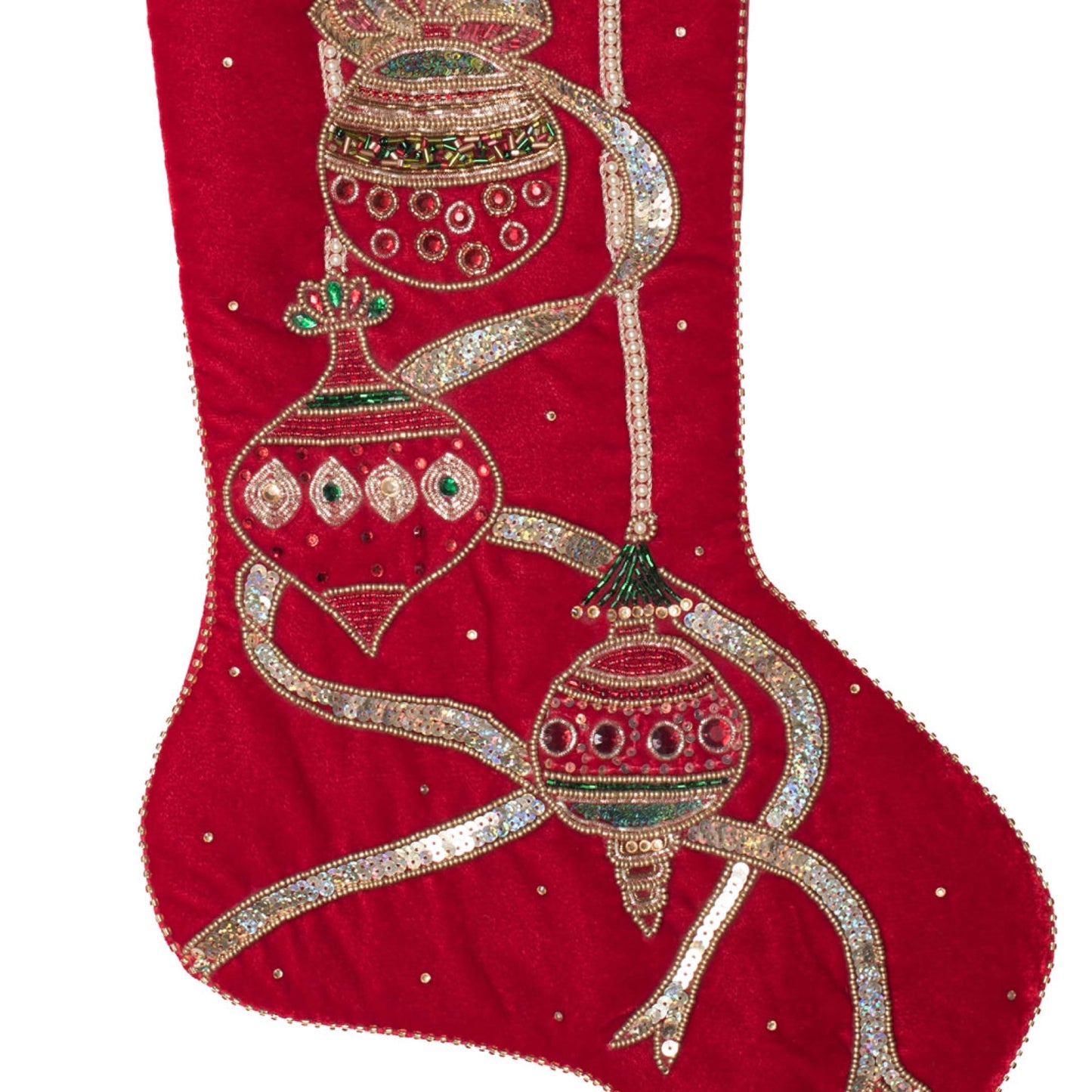 Holiday Ribbon and Ornaments 21" Beaded Velvet Sequin Christmas Stockings