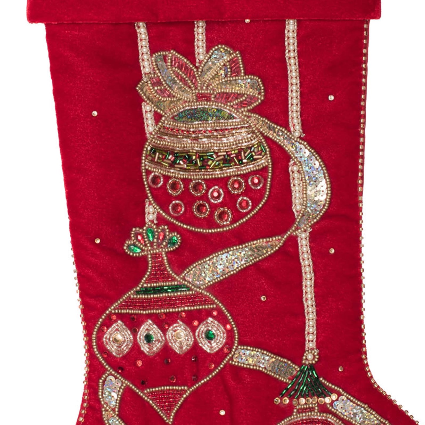 Holiday Ribbon and Ornaments 21" Beaded Velvet Sequin Christmas Stockings