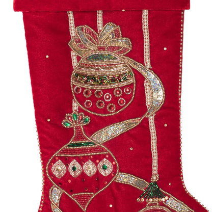 Holiday Ribbon and Ornaments 21" Beaded Velvet Sequin Christmas Stockings