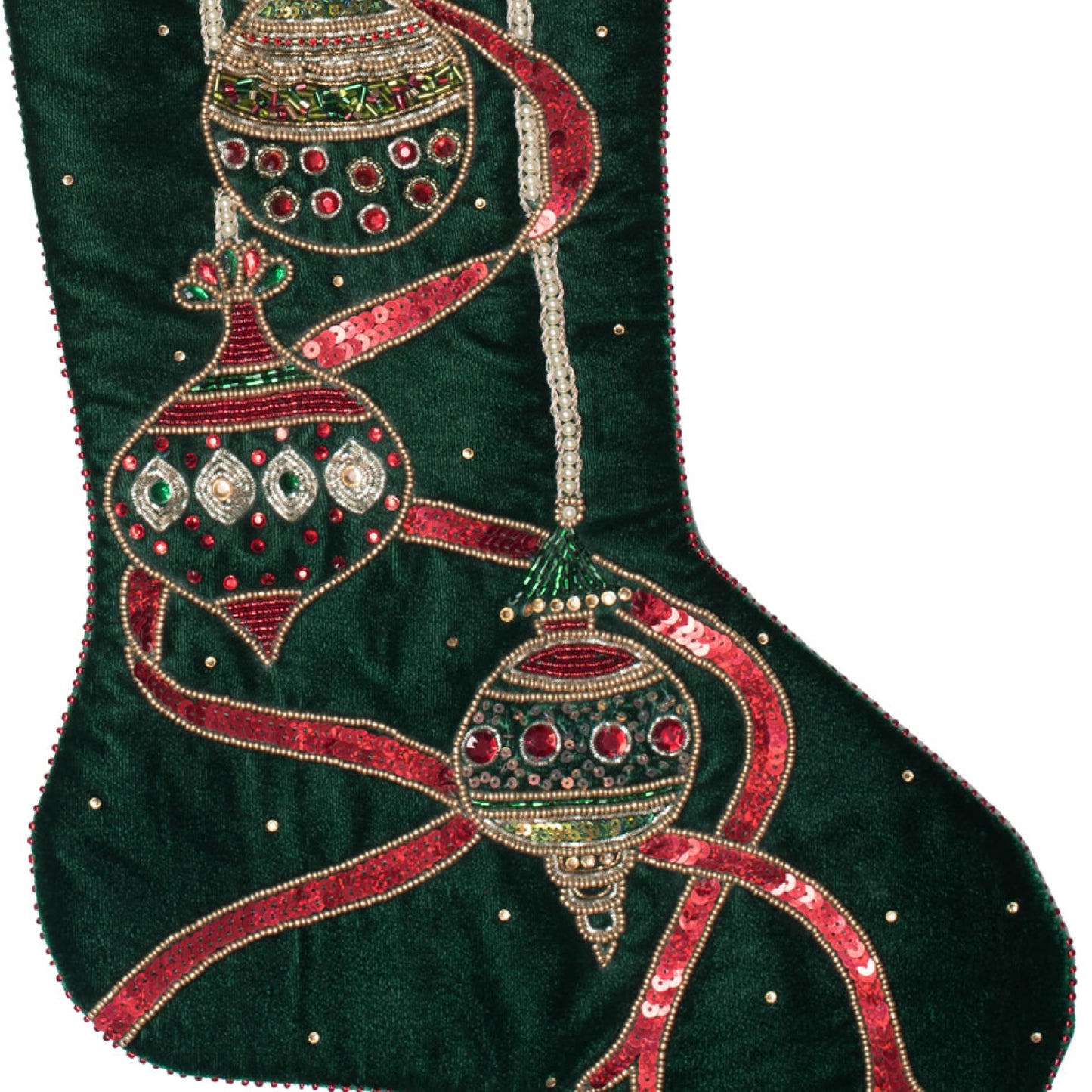 Holiday Ribbon and Ornaments 21" Beaded Velvet Sequin Christmas Stockings