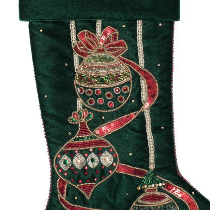 Holiday Ribbon and Ornaments 21" Beaded Velvet Sequin Christmas Stockings