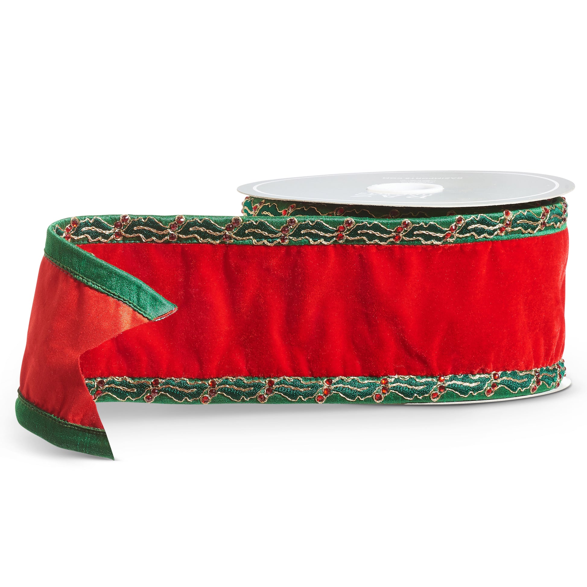 Red ribbon with green border on a white background