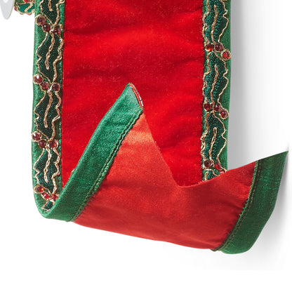 RAZ Imports Red Velvet Wired Christmas Ribbon with Jeweled Holly Trim, 4" X 10 Yards - 1 Roll