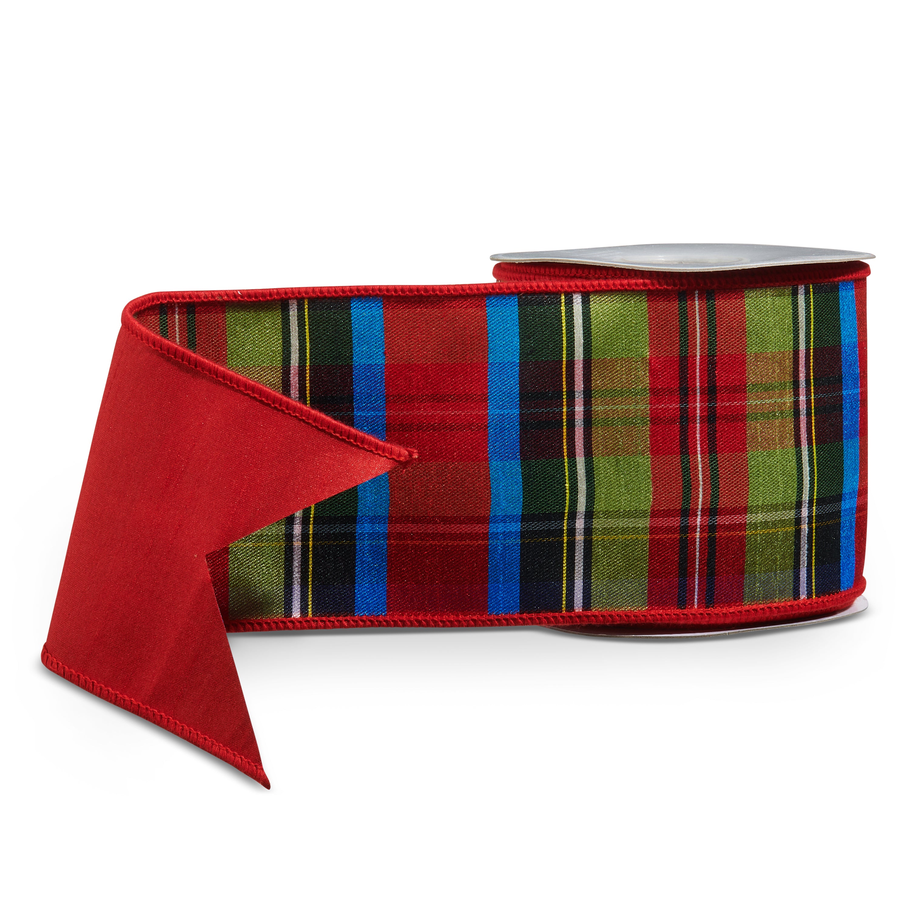 RAZ Imports Traditional Plaid Tartan Red, Green and Blue Christmas Ribbon, Wired, 4" X 10 Yards, 1 Roll