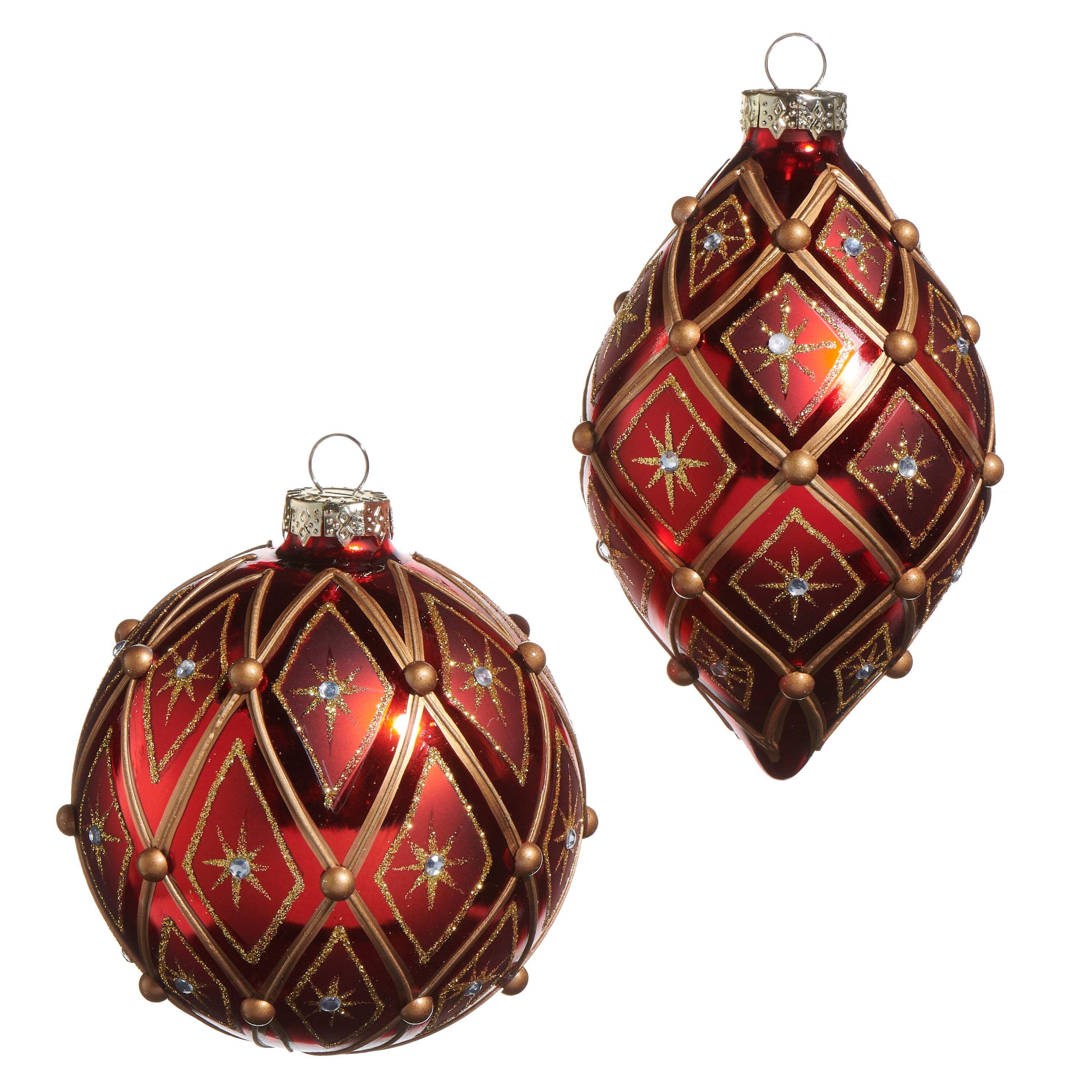 RAZ Imports 4" Brilliant North Star Red Deco Ball and Finial Drop Glass Christmas Ornaments, Set of 2