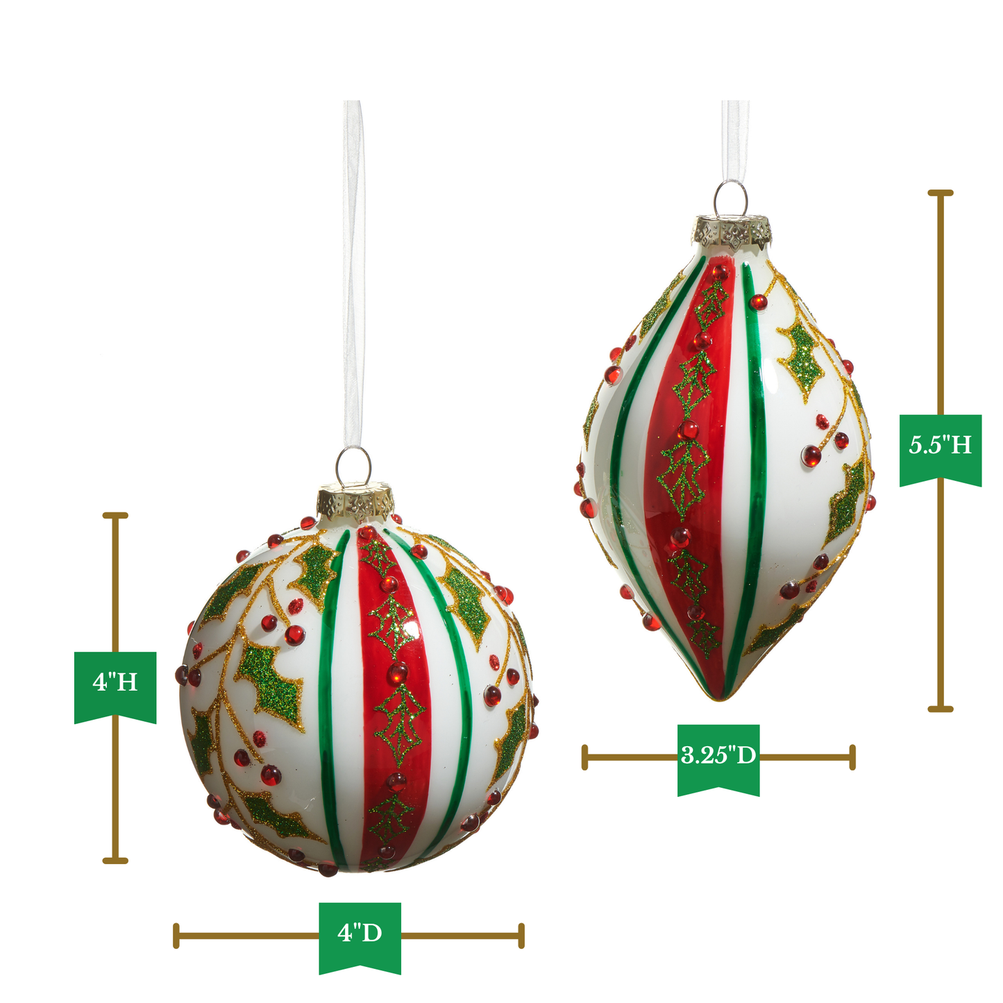 RAZ Imports 4" Traditional Holly Striped Ball and Finial Glass Christmas Ornaments - Set of 2