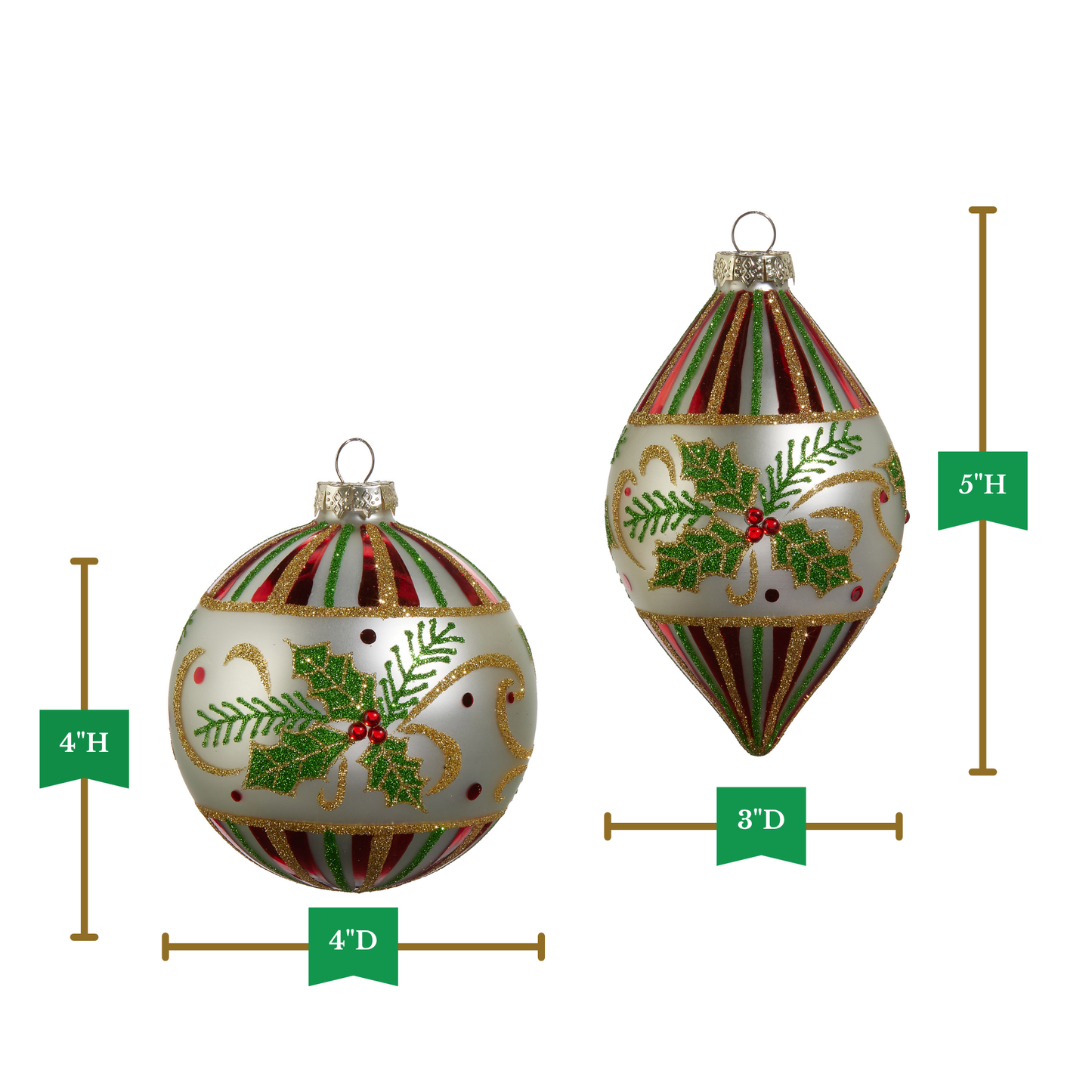 RAZ Imports 4" Traditional Holly Leaf Ball and Finial Glass Christmas Ornaments - Set of 2