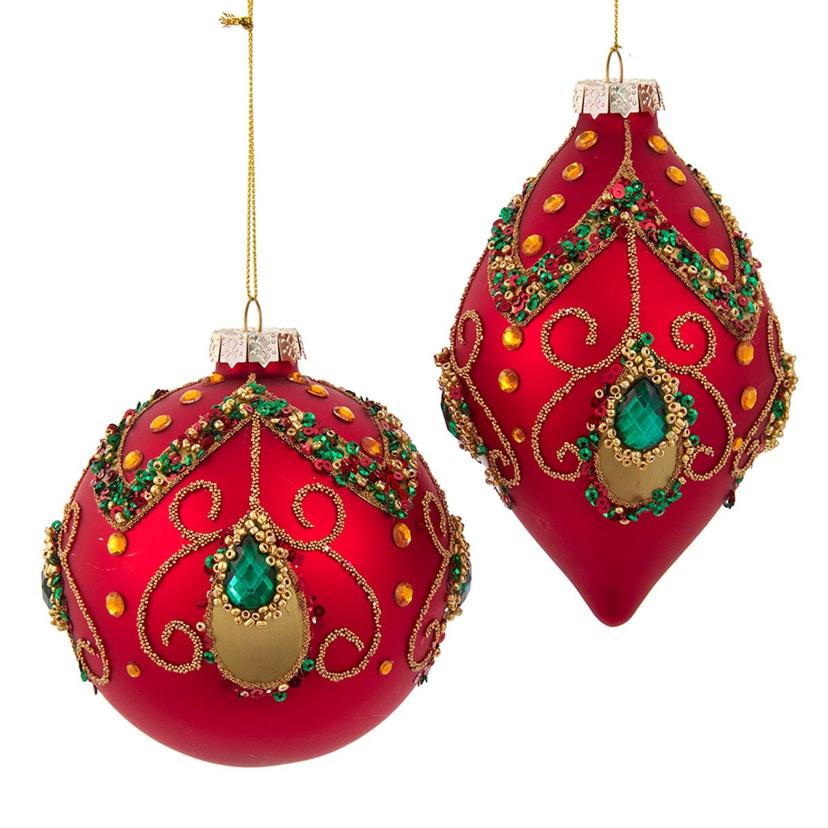 Kurt S. Adler Red and Green Jewel 4" Glass Ball and Finial Christmas Ornaments, Set of 2