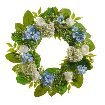 RAZ Imports 24" Blue Hydrangea and White Rose Spring Wreath