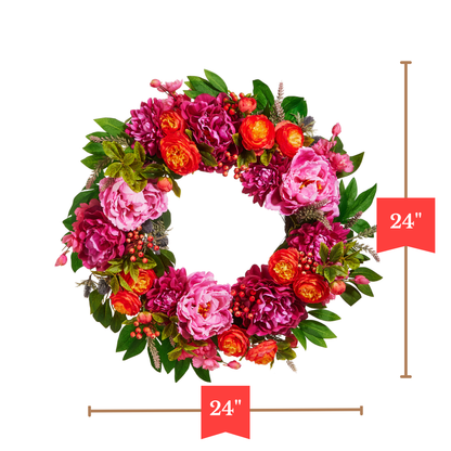 RAZ Import 24" Pink Peony and Orange Ranunculus Spring Wreath