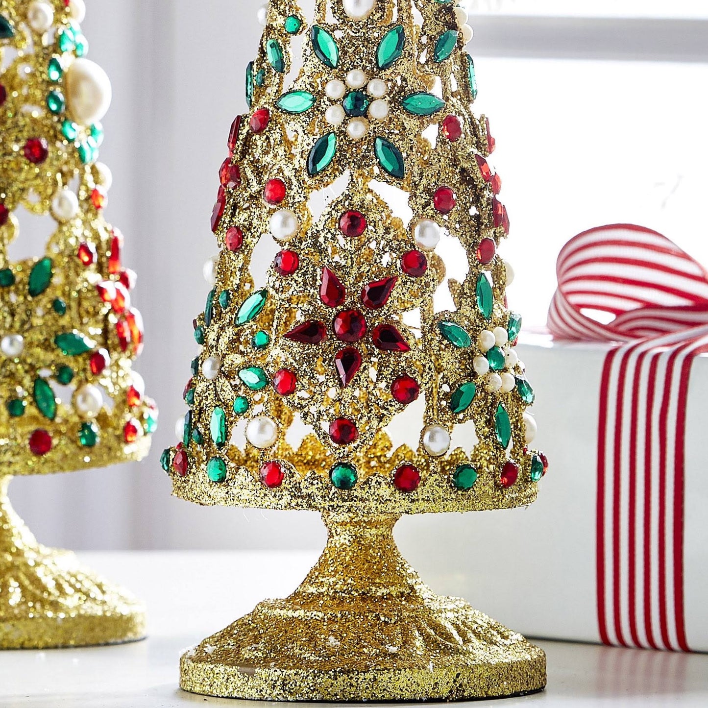 RAZ Imports 19" and 16" Pearl Jeweled Christmas Trees with Gold Glitter Christmas Decoration - Set of 2