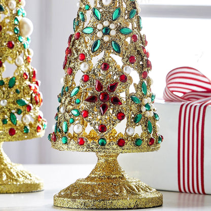 RAZ Imports 19" and 16" Pearl Jeweled Christmas Trees with Gold Glitter Christmas Decoration - Set of 2