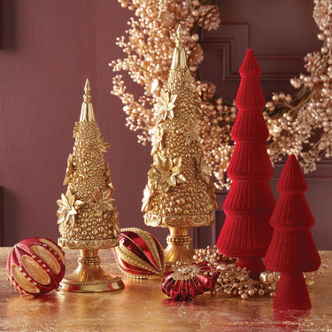 K&K Interiors 17.5" and 13.75" Gold Resin Poinsettia Bloom Christmas Trees Christmas Decoration - Set of 2