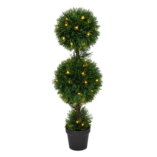 Outdoor Cedar 3' Artificial Double Ball Topiary with Warm White LED Clear Lights