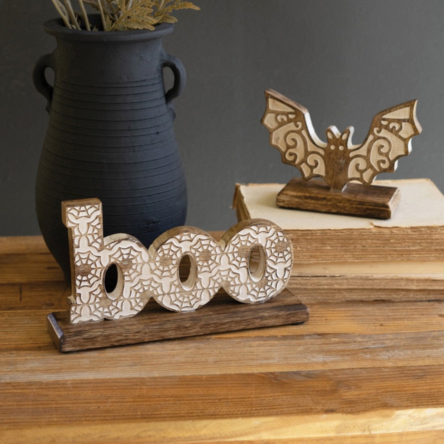 Kalalou 5" Carved Wooden Tabletop Halloween Boo and Bat Decoration - Set of 2