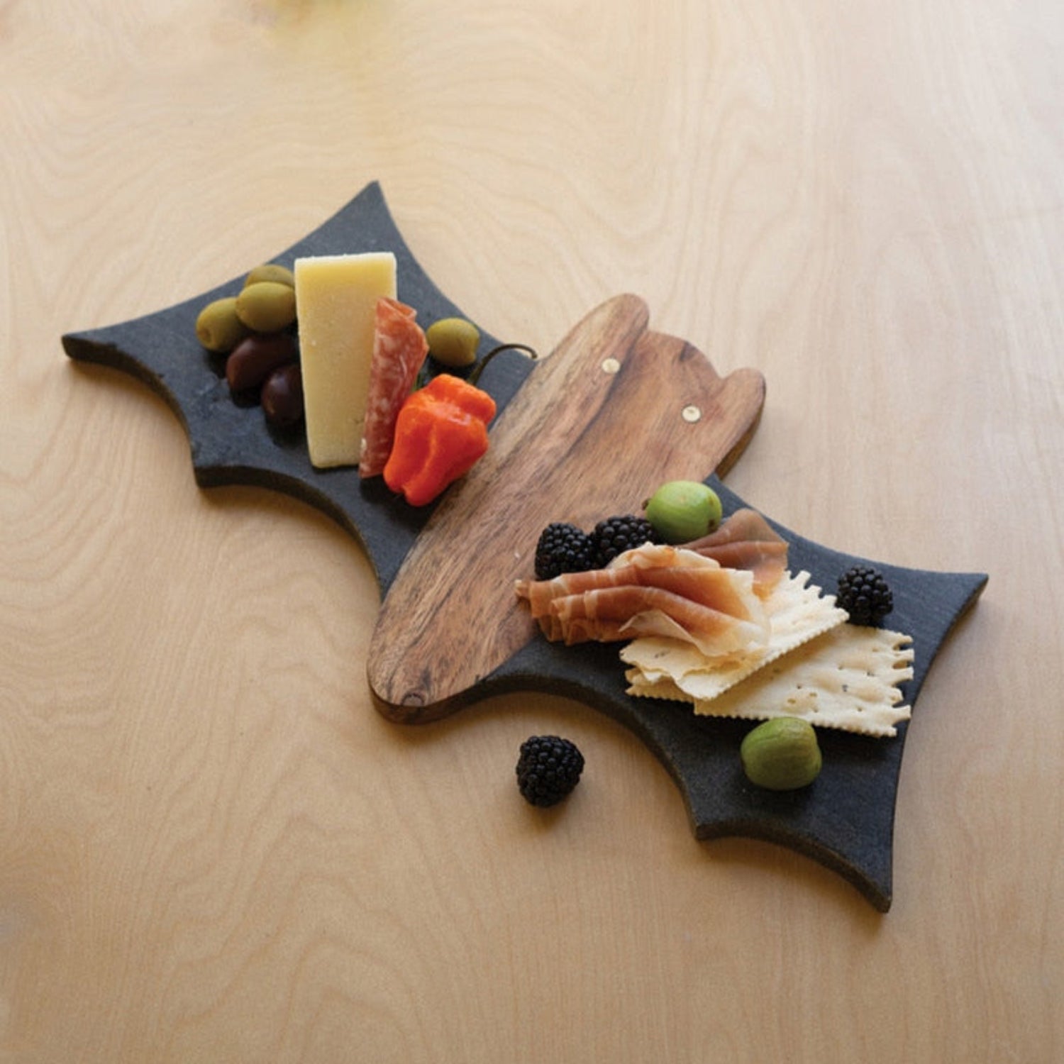 Kalalou 14" Black Marble and Acacia Wood Halloween Bat Charcuterie Cheese Board