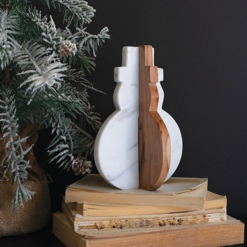 Kalalou White Marble and Acacia Wood 8" Tabletop Snowman