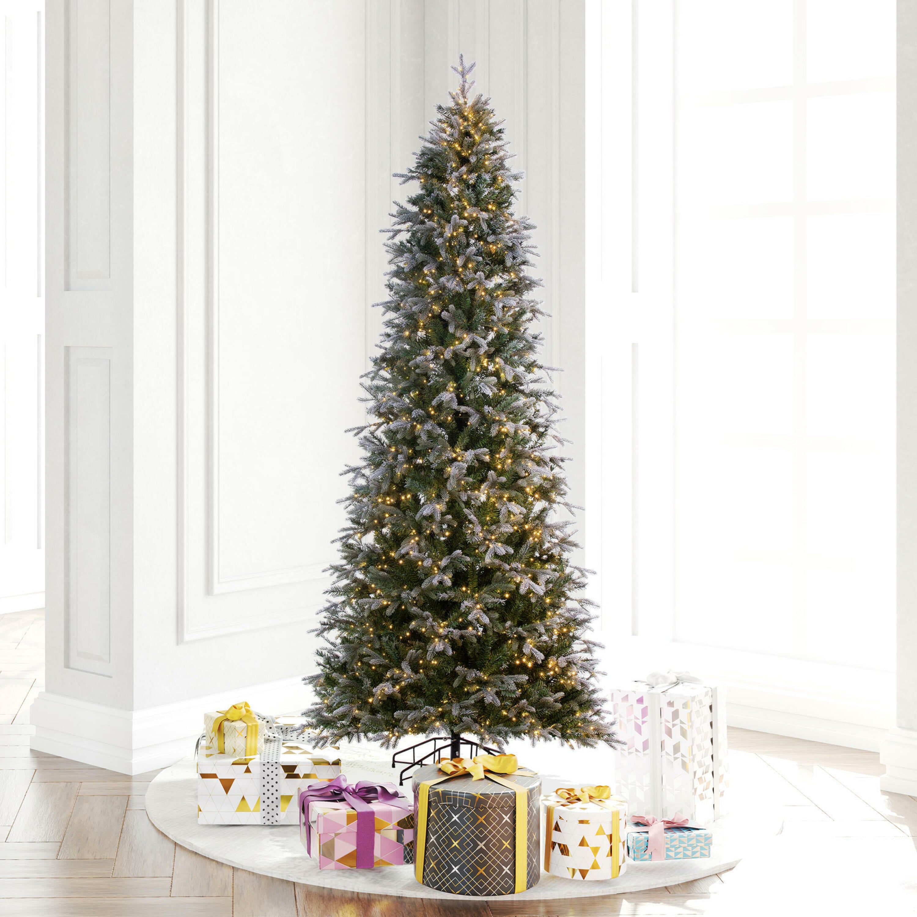 Frosted Douglas Fir Slim 12' Artificial Christmas Tree with Warm White LED Clear Wide Angle Lights