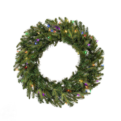 Christmas wreath with colorful lights on a white background