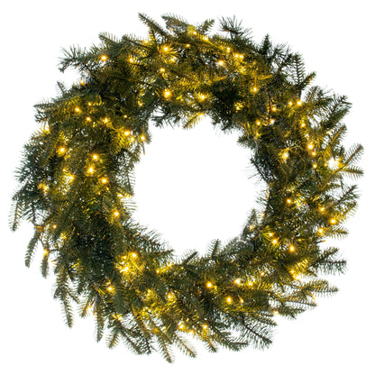 Decorative wreath with greenery and small lights on a white background