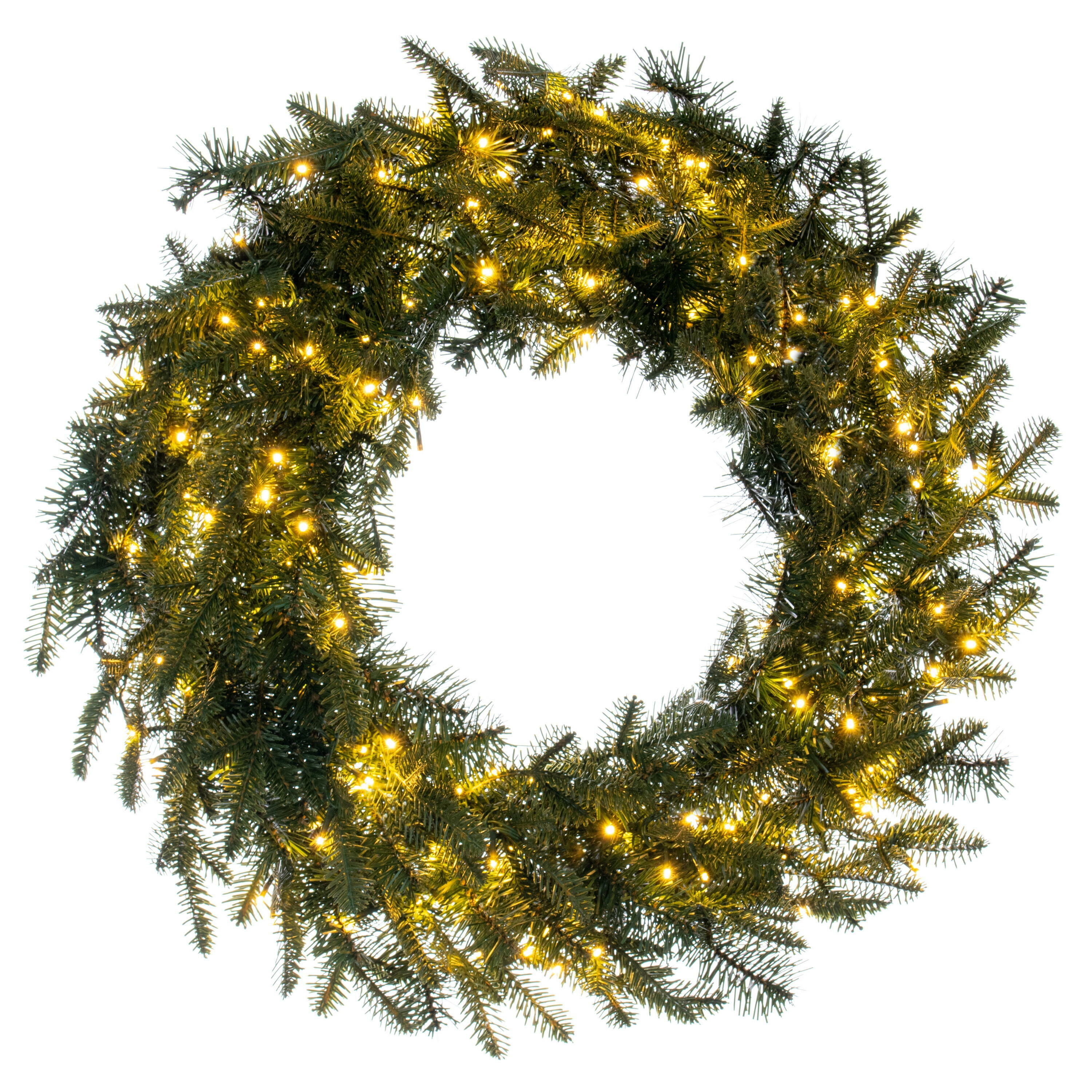 Decorative wreath with greenery and small lights on a white background