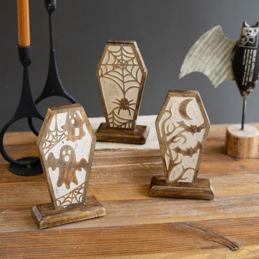 Kalalou 8" Carved Wooden Halloween Coffin Scenes with Ghost, Spiders, and Bats - Set of 3