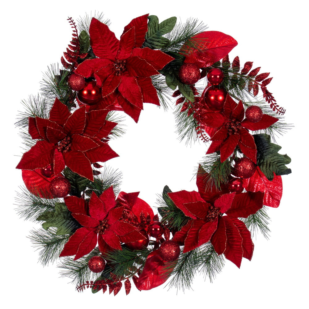 Merry & Bright 28” Red Poinsettia & Fern Decorated Artificial Christmas Wreath