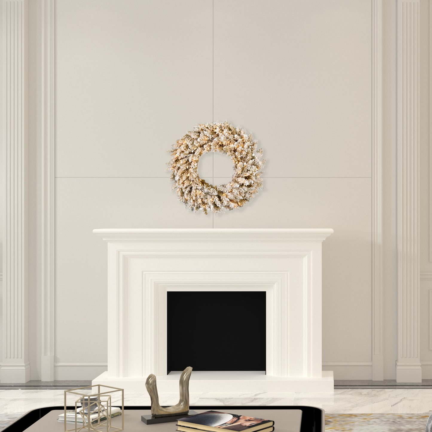Vickerman 24" Frosted Flocked Gold Pre-lit Christmas Wreath with Warm White LED Lights