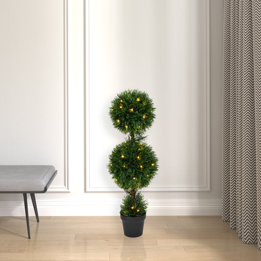 Outdoor Cedar 3' Artificial Double Ball Topiary with Warm White LED Clear Lights