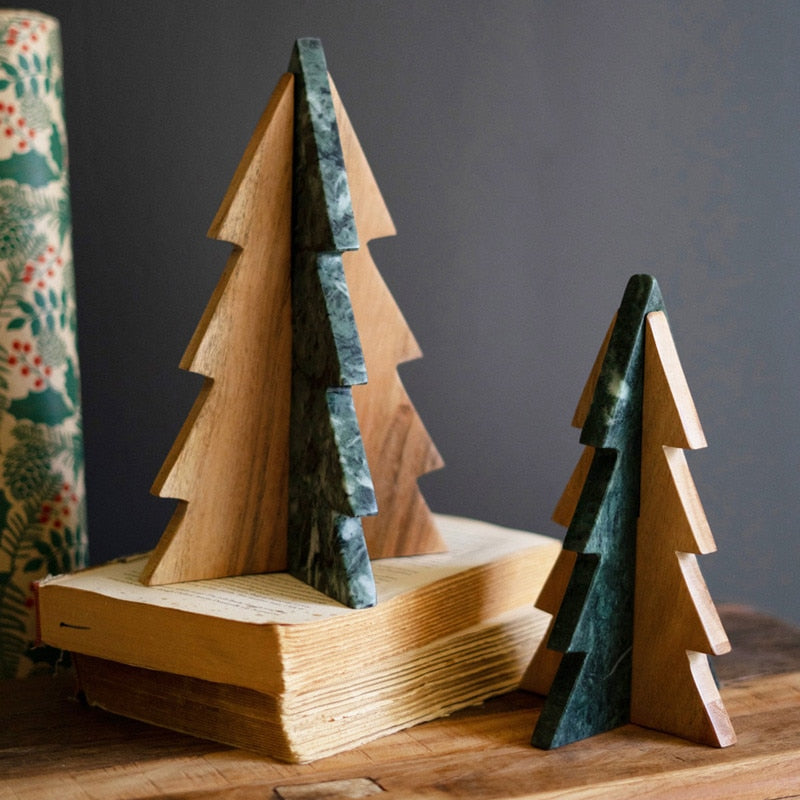 Kalalou Green Marble and Acacia 10" & 8.5" Wood Tabletop Christmas Trees