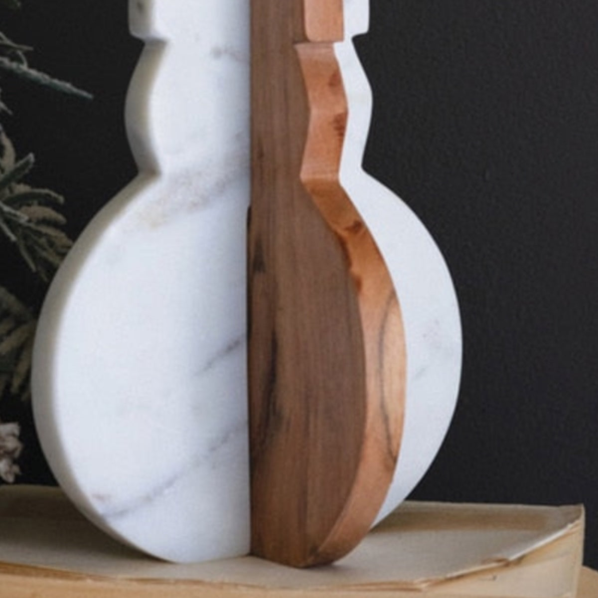 Kalalou White Marble and Acacia Wood 8" Tabletop Snowman Christmas Decoration