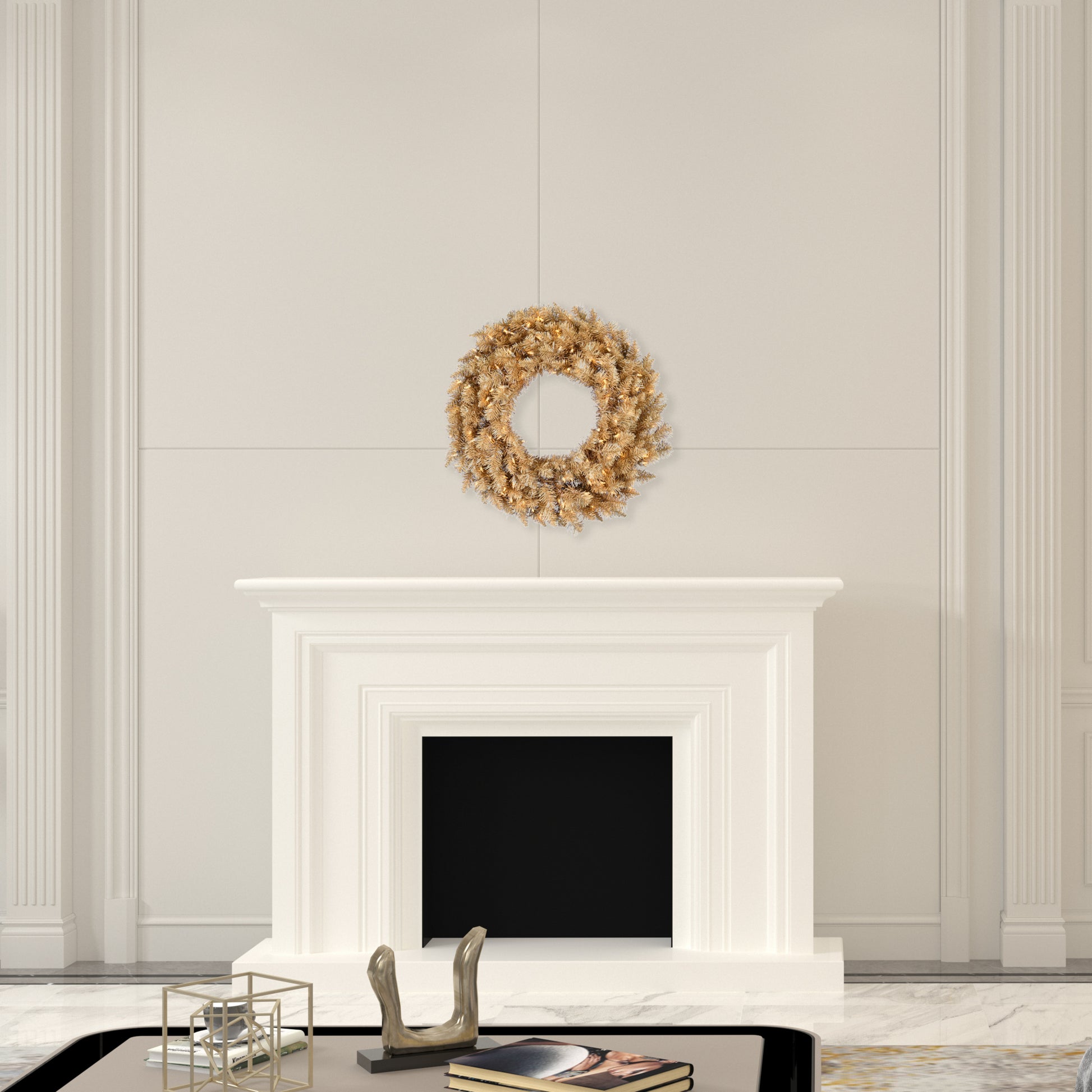 White fireplace with a decorative wreath above it in a room with light-colored walls.